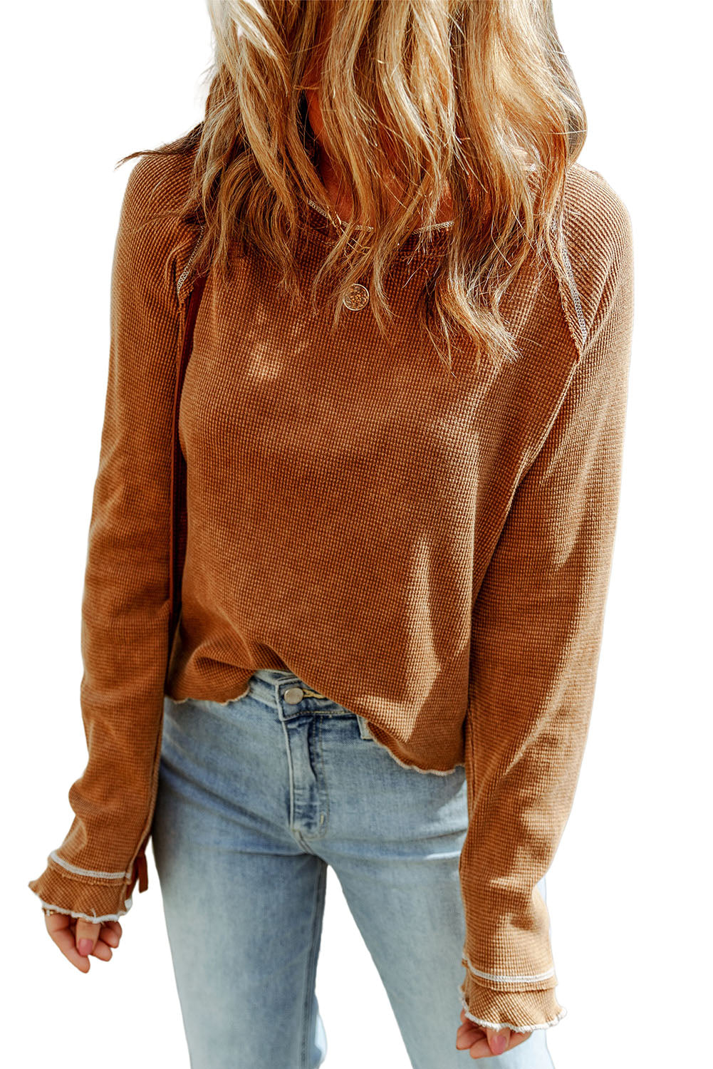 Blue Textured Round Neck Long Sleeve Top