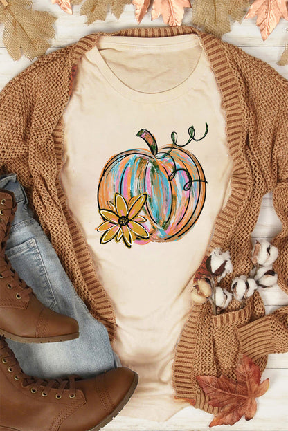 Khaki Pumpkin with Flower Graphic T Shirt
