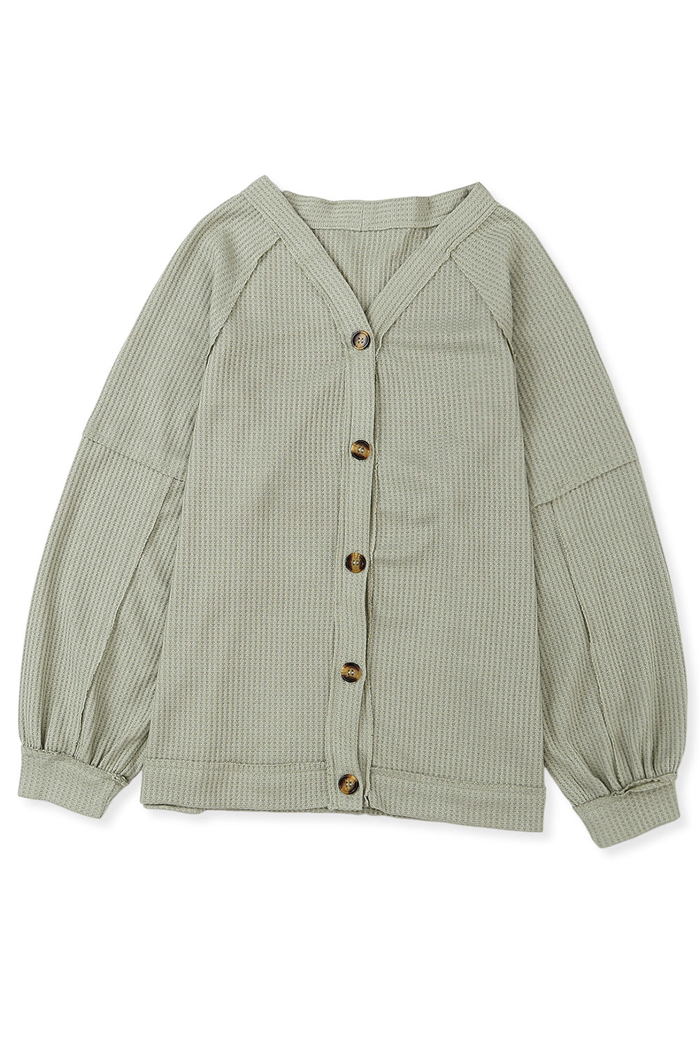 Green Exposed Seam Buttons Front Waffle Knit Cardigan