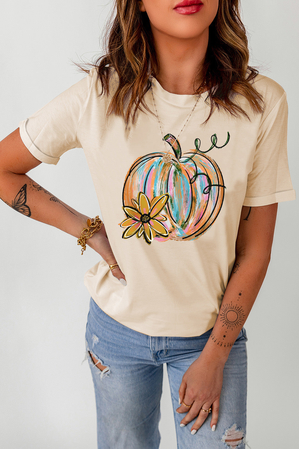 Khaki Pumpkin with Flower Graphic T Shirt