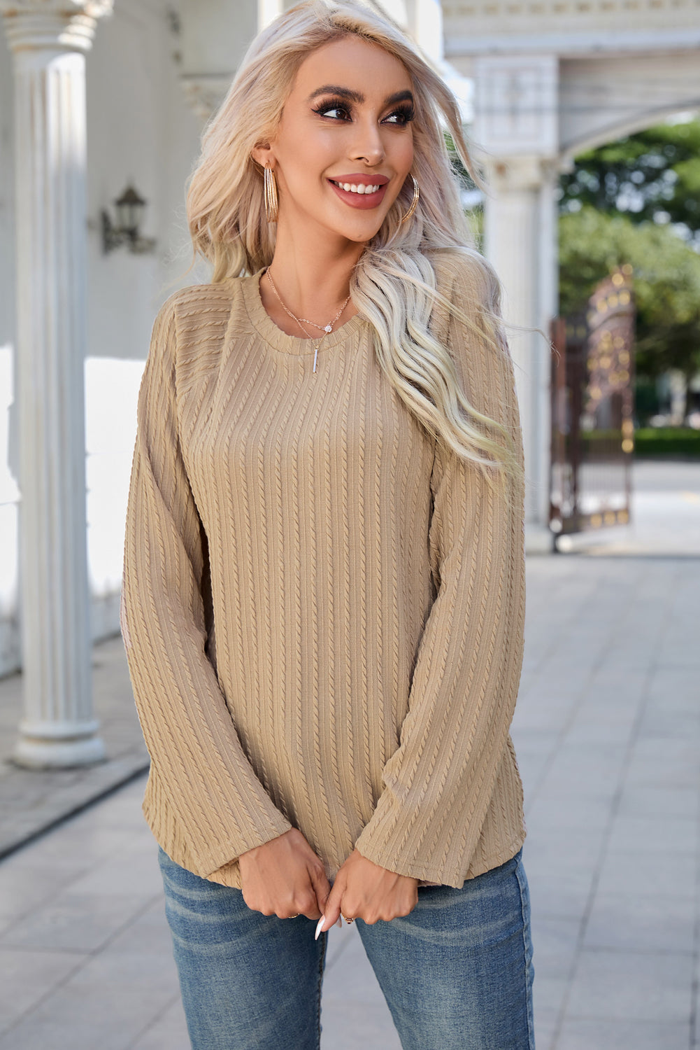 Green Ribbed Round Neck Knit Long Sleeve Top