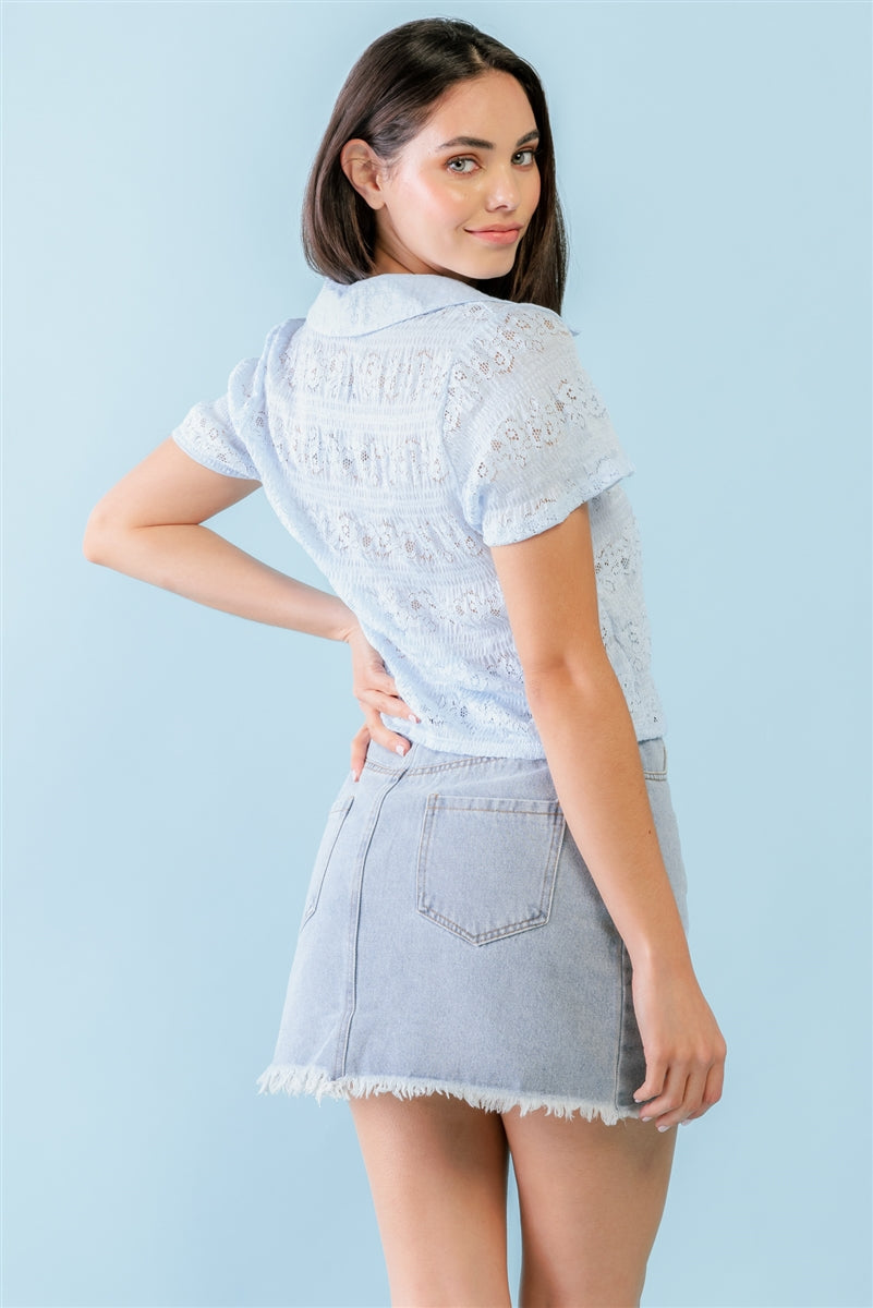 Light Blue Floral Embroidered Button-up Collared Neck Short Sleeve Top