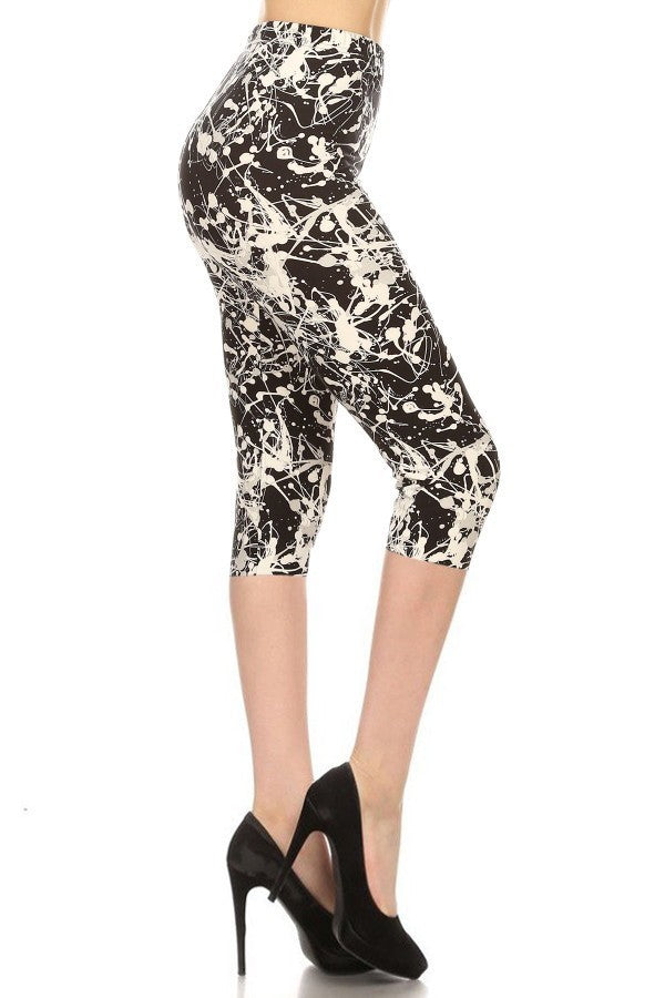 Paint Splatters Printed High Waisted Capri Leggings In A Fitted Style, With An Elastic Waistband